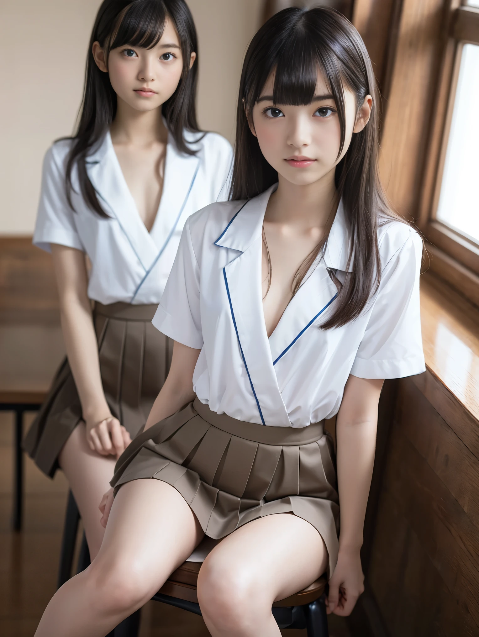 High resolution、High resolution、In 8K、RAW Photos、Highest quality、masterpiece、Two people、18-year-old girl, (Flat chest like:1.2), ((Skinny body:1.2)),  Wavy Hair,, Anatomically correct、bangs、Waist、thigh、Japanese high school uniform、Sit with your legs apart