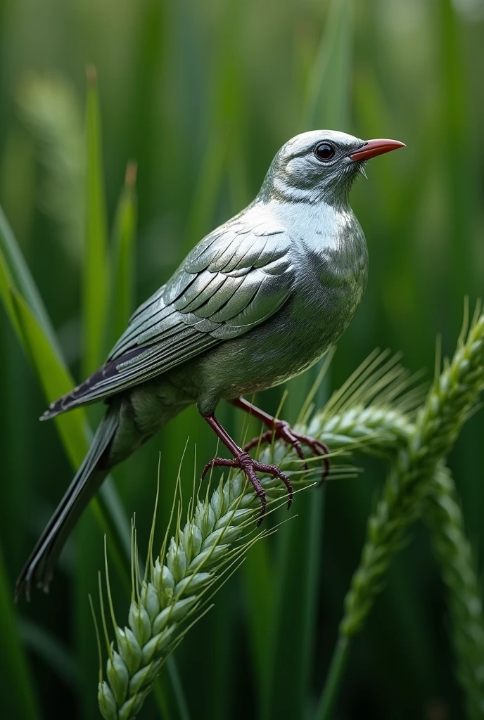 "A bird is perched on a green wheat leaf, which contrasts sharply with its mirror plumage, making the bird look as if it is whole create in lead.