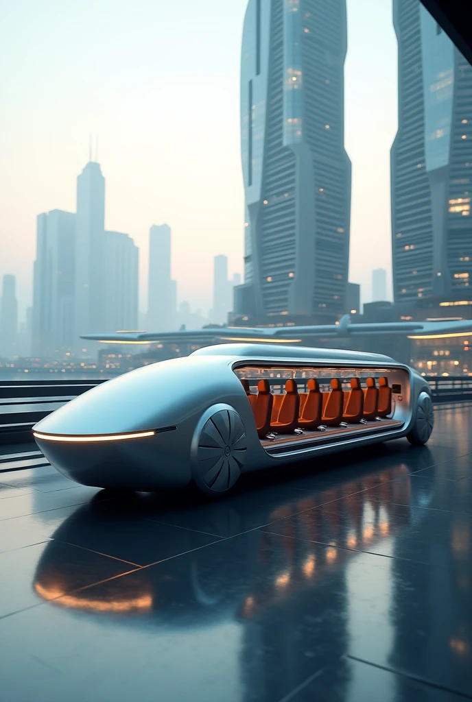 Draw a long capsule motorcycle with 10 seats.