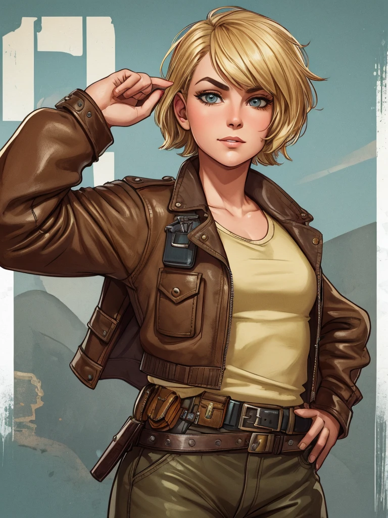 1920s tomboy adventurer, wearing rugged, practical clothing with a utility belt and a leather jacket, short blonde hair styled in a tousled bob, confident determined expression
