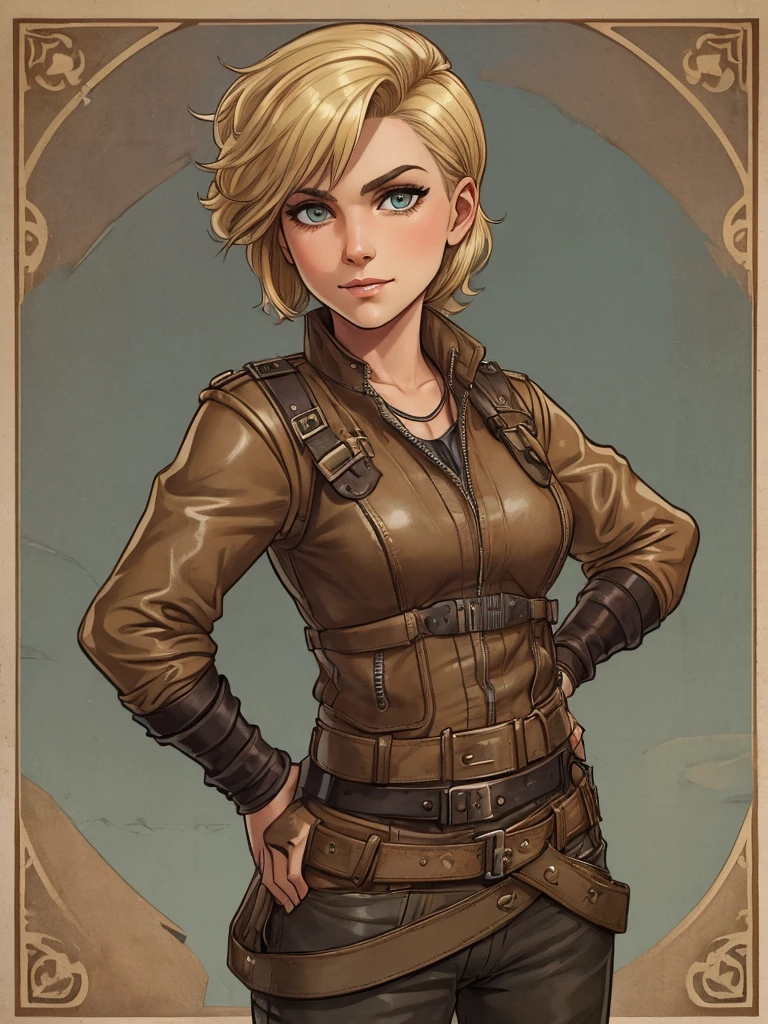 1920s tomboy adventurer, wearing rugged, practical clothing with a utility belt and a leather jacket, short blonde hair styled in a tousled bob, confident determined expression
