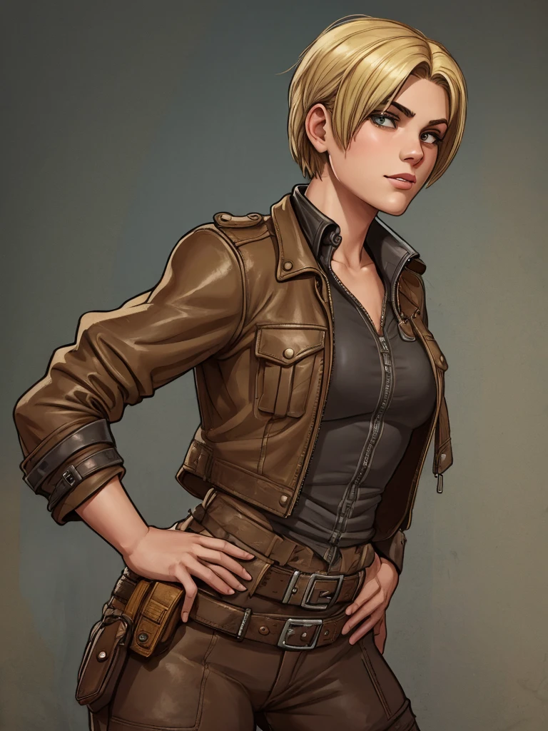1920s tomboy adventurer, wearing rugged, practical clothing with a utility belt and a leather jacket, short blonde hair styled in a tousled bob, confident determined expression