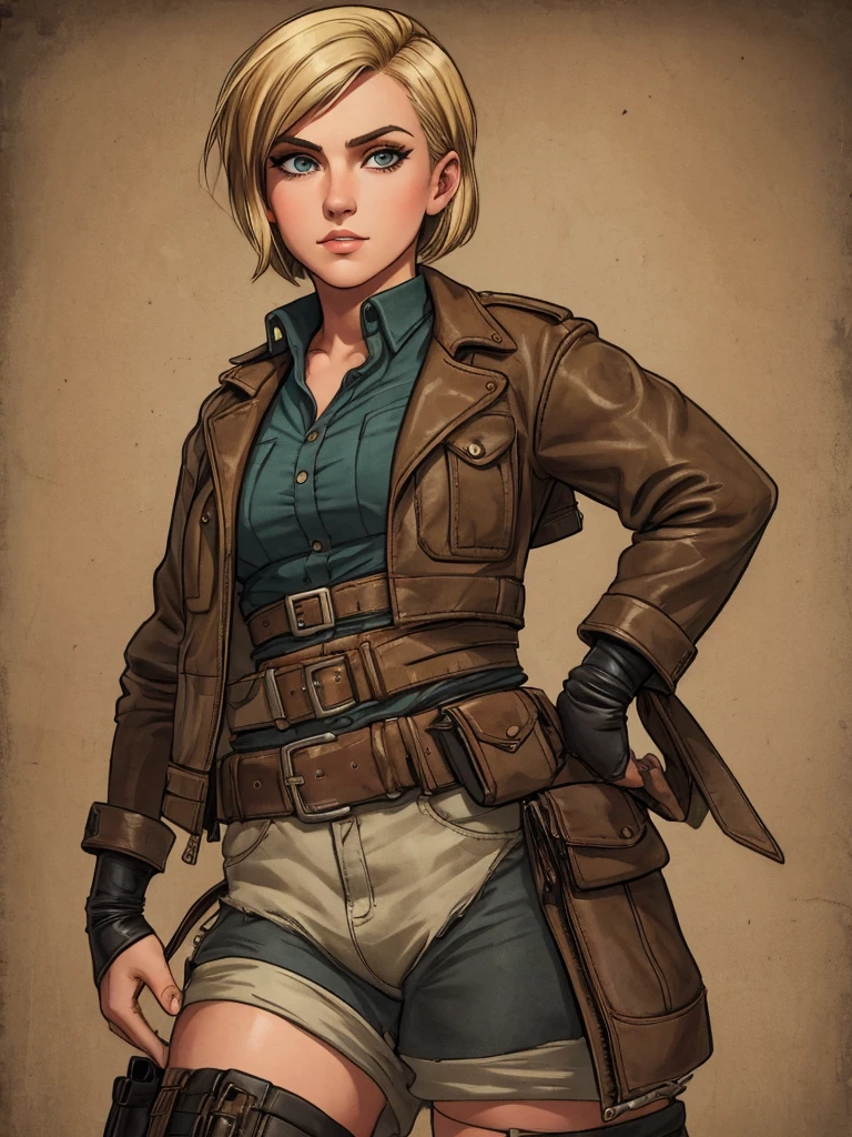 1920s tomboy adventurer, wearing rugged, practical clothing with a utility belt and a leather jacket, short blonde hair styled in a tousled bob, confident determined expression