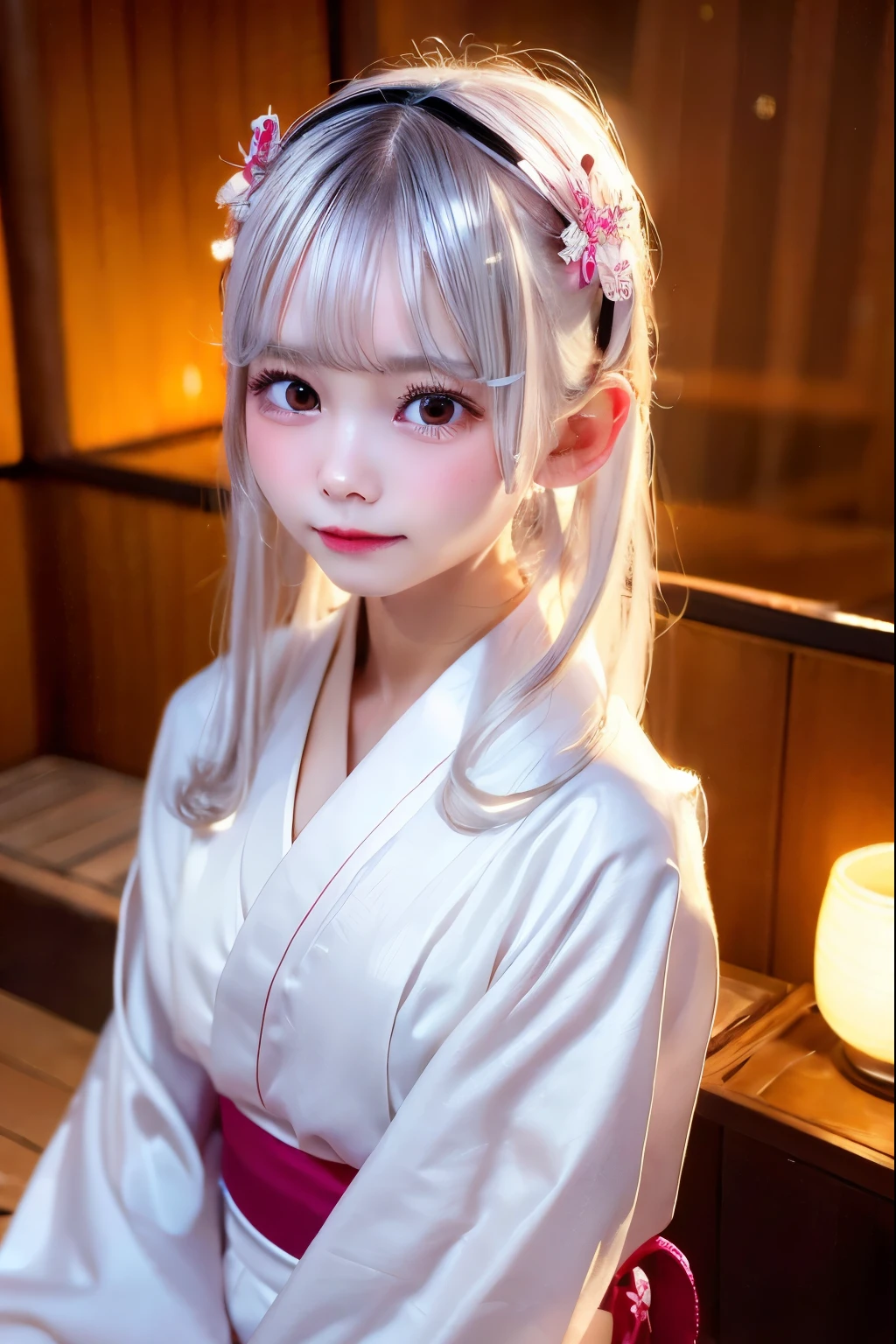 1 girl, japanese yukata,white hair, tatami, Onsen,silver straight hair, blondes, medium long hair, headband Lace with white ribbon, she is AYA MIYABI, 2, Bishojo, looking at viewer, she is famous Japanese idol, kawaii, (mascara), eyeliner, almond eye, natural eyebrows, thin lips, Natural color lip, extremely detailed skin, fair skin, smile, cute, realistic face, slender face, beautiful skin, flat chest, clavicle, slender body, Forehead, delicate thighs, skinny legs, lean legs, Best quality, (8k, RAW photo, best quality, childish face, masterpiece:1.2), ultra-detailed, (realistic, photo realistic:1.37), high detail RAW color photo, an extremely delicate and beautiful, extremely detailed(Selfie:1.1), finely detail,
