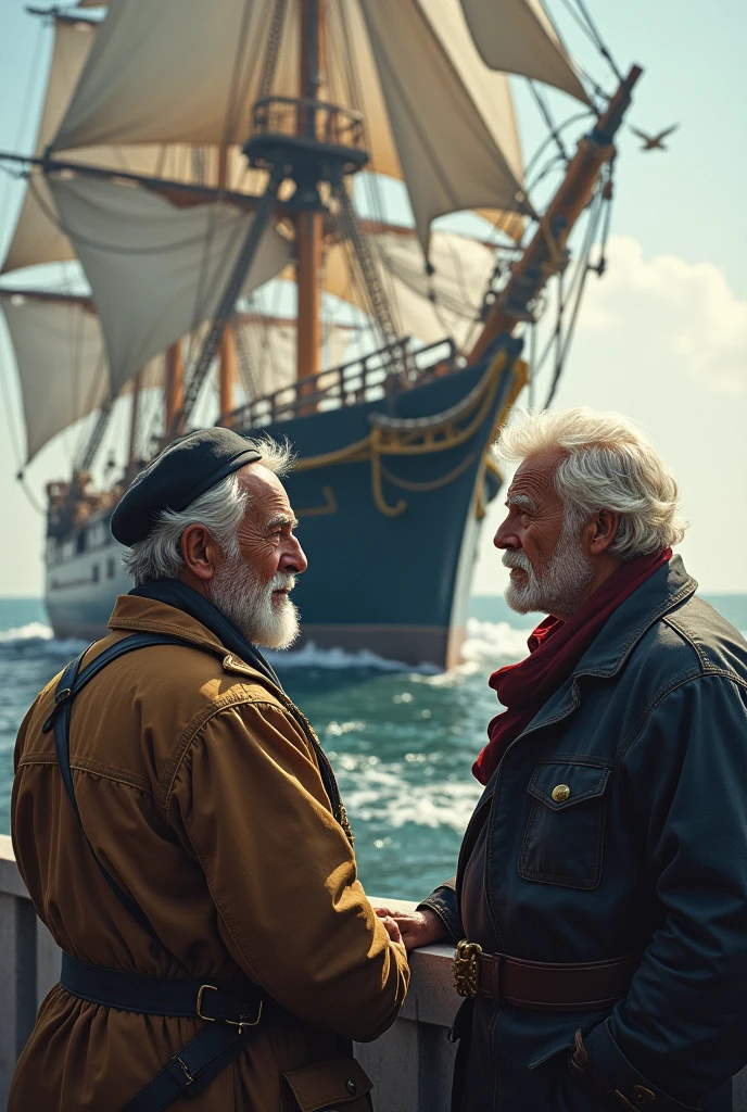 Two experienced elderly men standing next to a ship talking