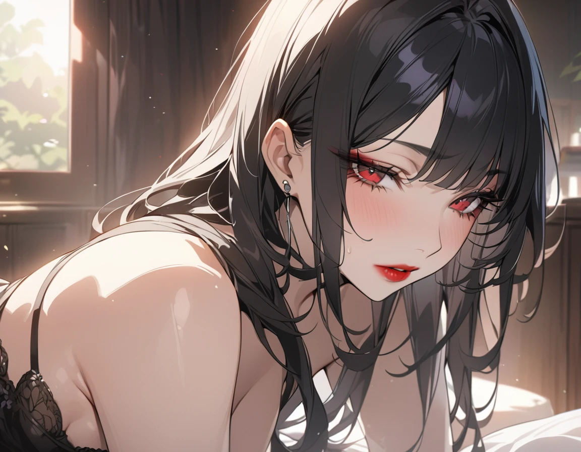 Wolfcut Women、Red lips、Red eyes、Black Hair、anime、Masterpiece,