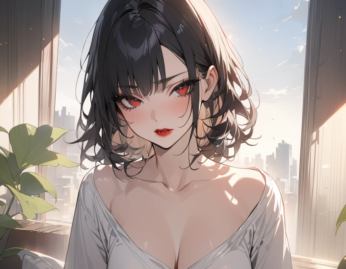 Wolfcut Women、Red lips、Red eyes、Black Hair、anime、Masterpiece,