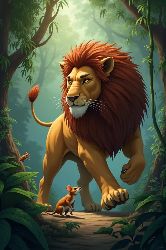 A long time ago, there lived a lion and a mouse in a dense forest. The lion was the king of the jungle and all the animals trembled in fear of him. One day, the lion woke up and saw a mouse climbing on his tail. The lion angrily caught the mouse and got ready to kill it. "Why are you clinging to me?"
