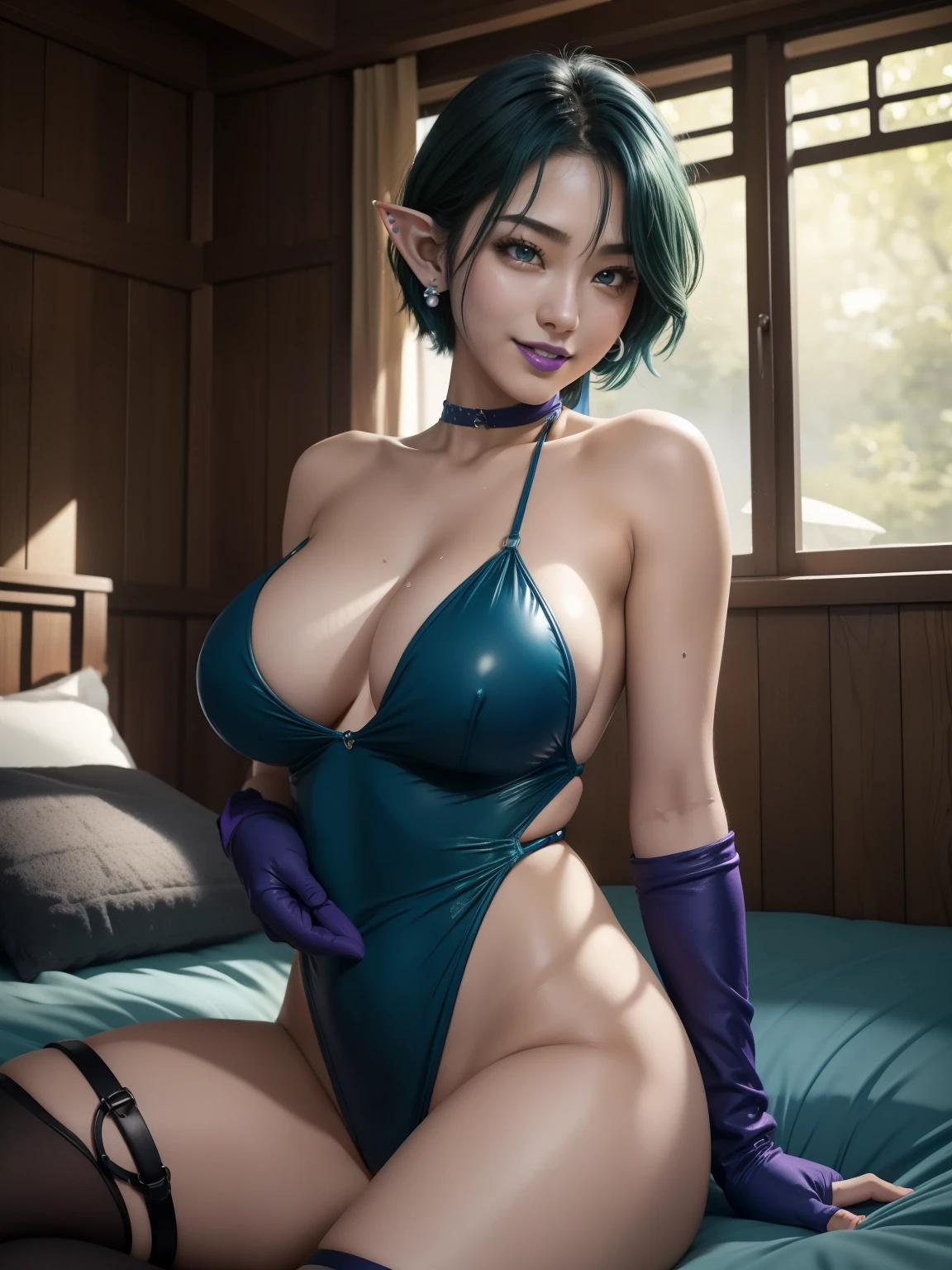 From below、Dark green hair、Blue strapless slingshot swimsuit(nsfw)、Open your mouth、A big smile、vapor、Wet、Sweat、The shape of the tip of the chest is clearly visible.、Erect nipples(nsfw)、The areola is visible、Exposing the nipples(nsfw)、short hair、amount、Elf、Super big breasts、Dark blue lipstick、Purple Lipstick、Blue collar、Blue fingerless gloves、Blue Pearl Earrings、Seductive pose、Spread your legs、bed、Lying down