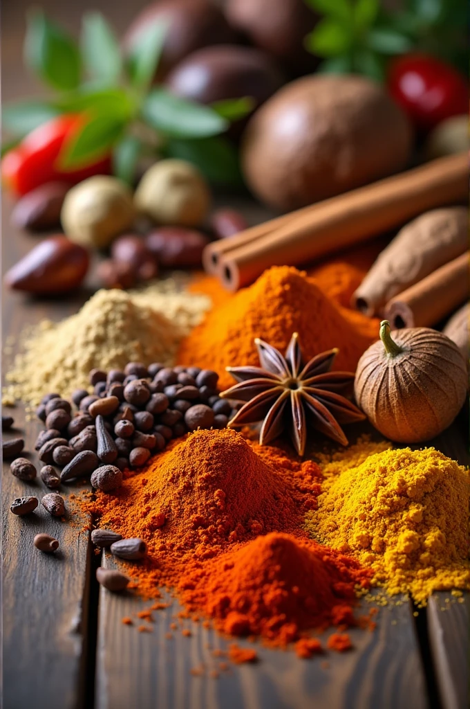 Capture a high-resolution, professional photograph featuring an assortment of natural spices. The scene should include vibrant and richly textured spices such as cinnamon sticks, star anise, cloves, cardamom pods, turmeric roots, and dried chili peppers. Arrange the spices on a rustic wooden surface, with natural lighting that emphasizes their vivid colors and intricate details. The background should be blurred slightly to draw attention to the spices, creating a warm and inviting atmosphere that evokes a sense of tradition and authenticity.