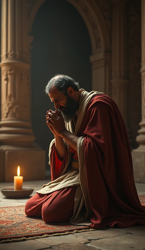 Ultra-realistic 8k Image, an image of King David kneeling in repentance seeking God&#39;s forgiveness..