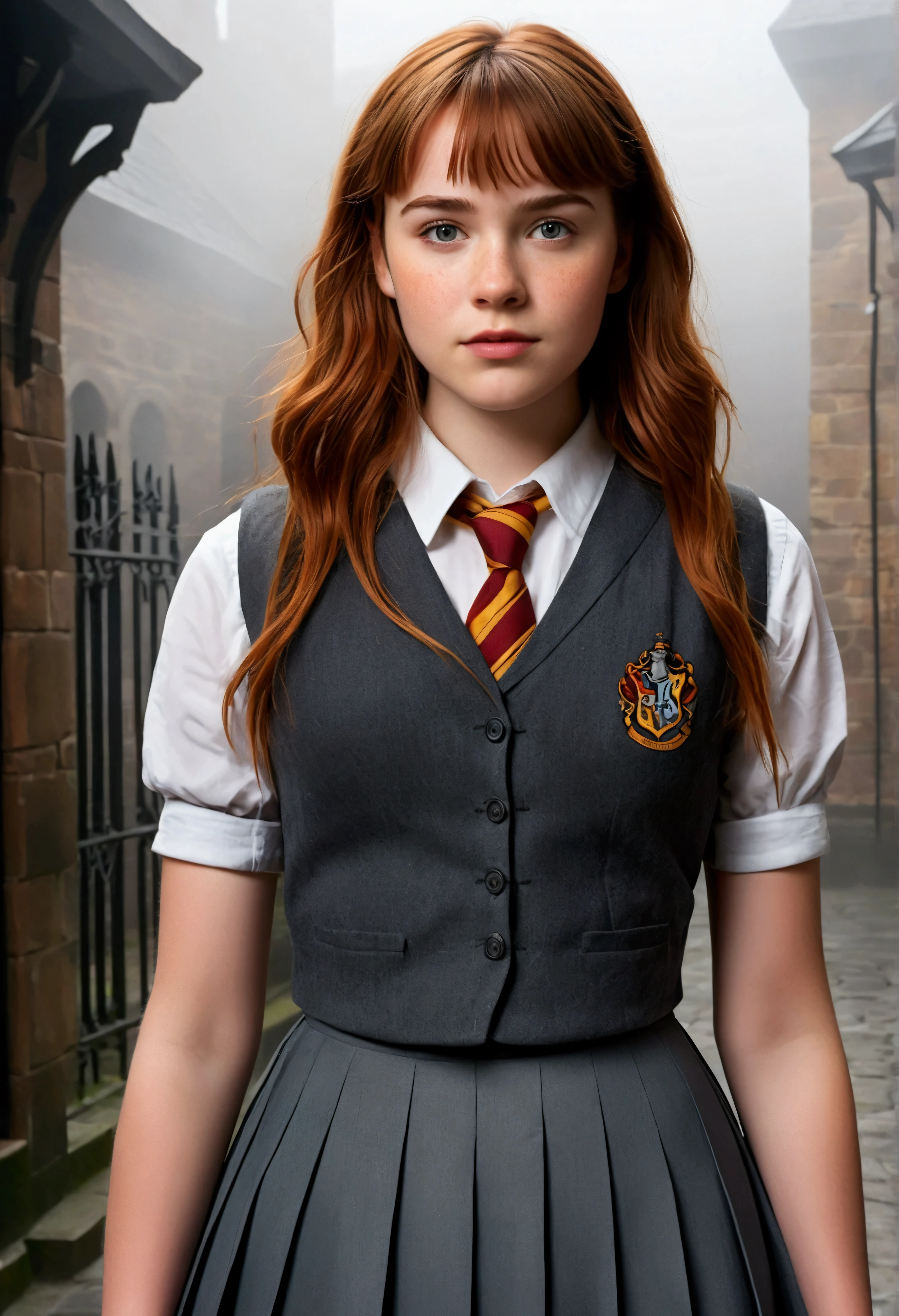 An illustrated movie poster, hand-drawn, full color, a age Hogwarts student, 18-years-old, female, wearing a charcoal vest and a pleated skirt, athletic hourglass figure, busty bosoms, full wide hips, massive round butt, long shapely legs, ridiculously thick powerful thighs, vibrant eyes, red auburn hair, thick shaggy bangs, flushed sun-kissed complexion, freckles, resembles Willa Fitzgerald, standing in a foggy Hogwarts courtyard, surrounded by mist, graphite shading, stencil marks, airbrushed acrylic paint, masterpiece