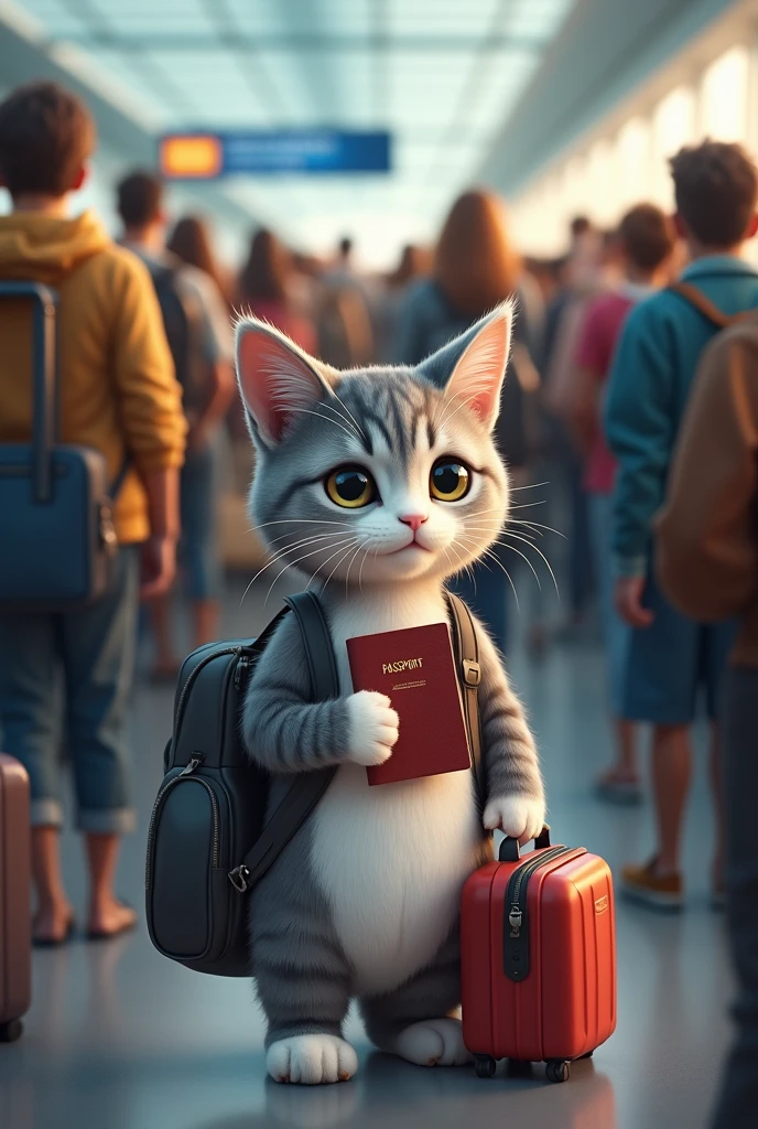 grey white cat with a bag and passport with it waiting in airport queue with one bag and passport in hand. only one cat and rest humans