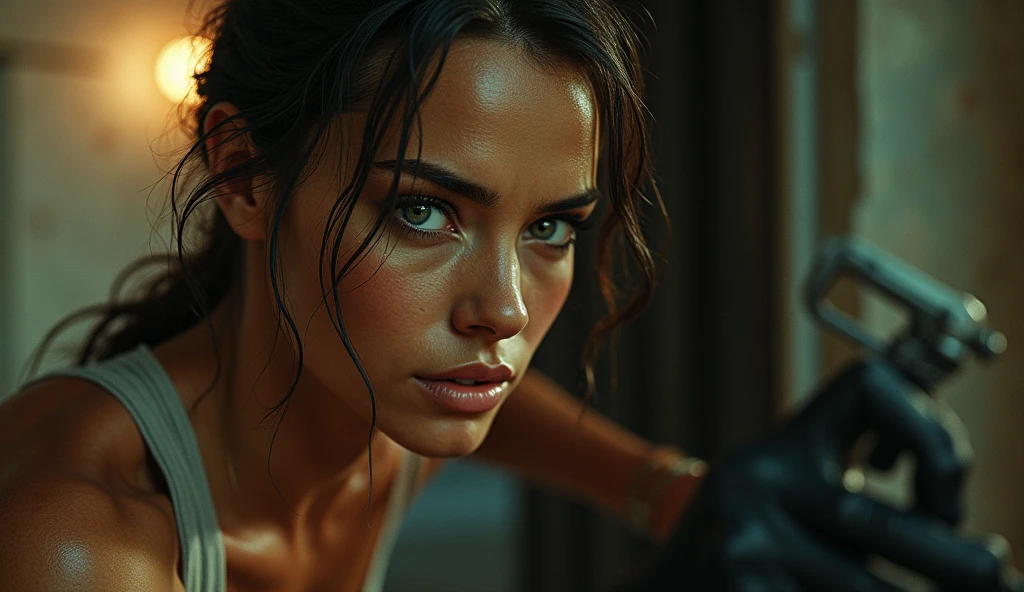 a beautiful detailed portrait of Margot Robbie as Lara Croft, fighting a bat girl in a jail room, in a sexy and dynamic scene, with an athletic physique, full body shot, (best quality,4k,8k,highres,masterpiece:1.2),ultra-detailed,(realistic,photorealistic,photo-realistic:1.37),detailed eyes,detailed lips,extremely detailed face,longeyelashes,highly detailed skin,intricate details,chiaroscuro lighting,dramatic lighting,cinematic lighting,warm color tones,vibrant colors,dramatic shadows