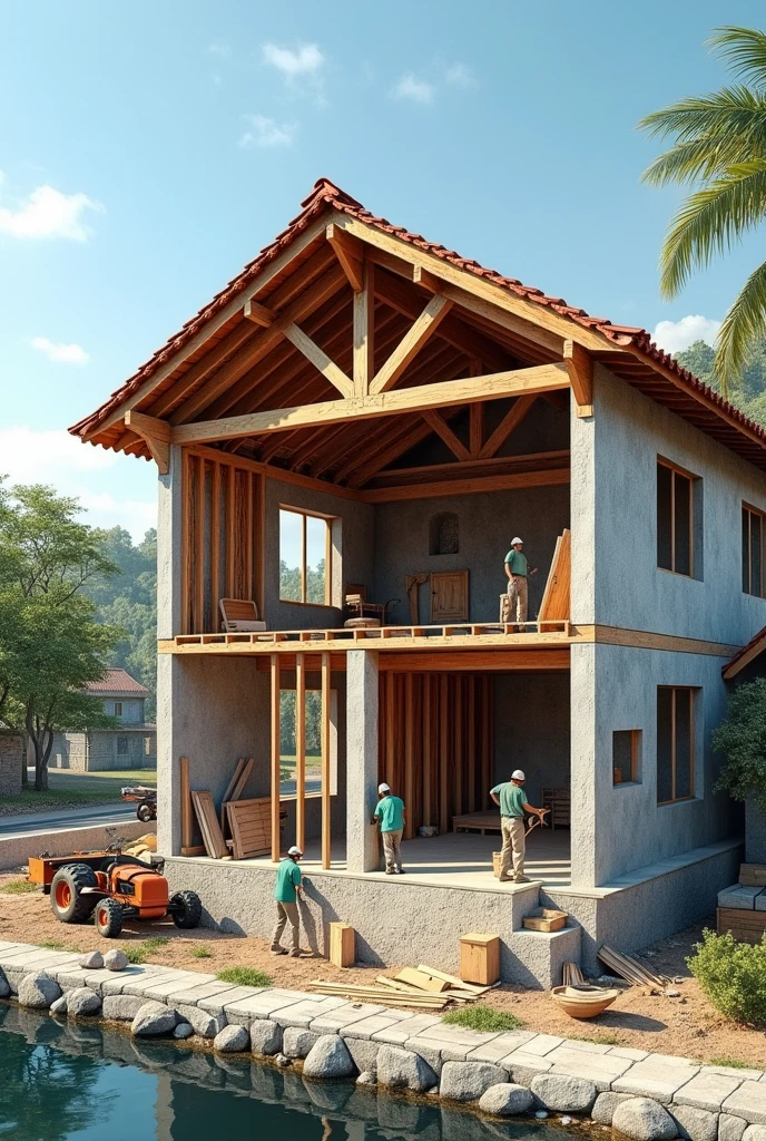 Construction section of a 2-story house with a colonial tile roof on a truss by a canal road ( Let the constructive cut be noted)