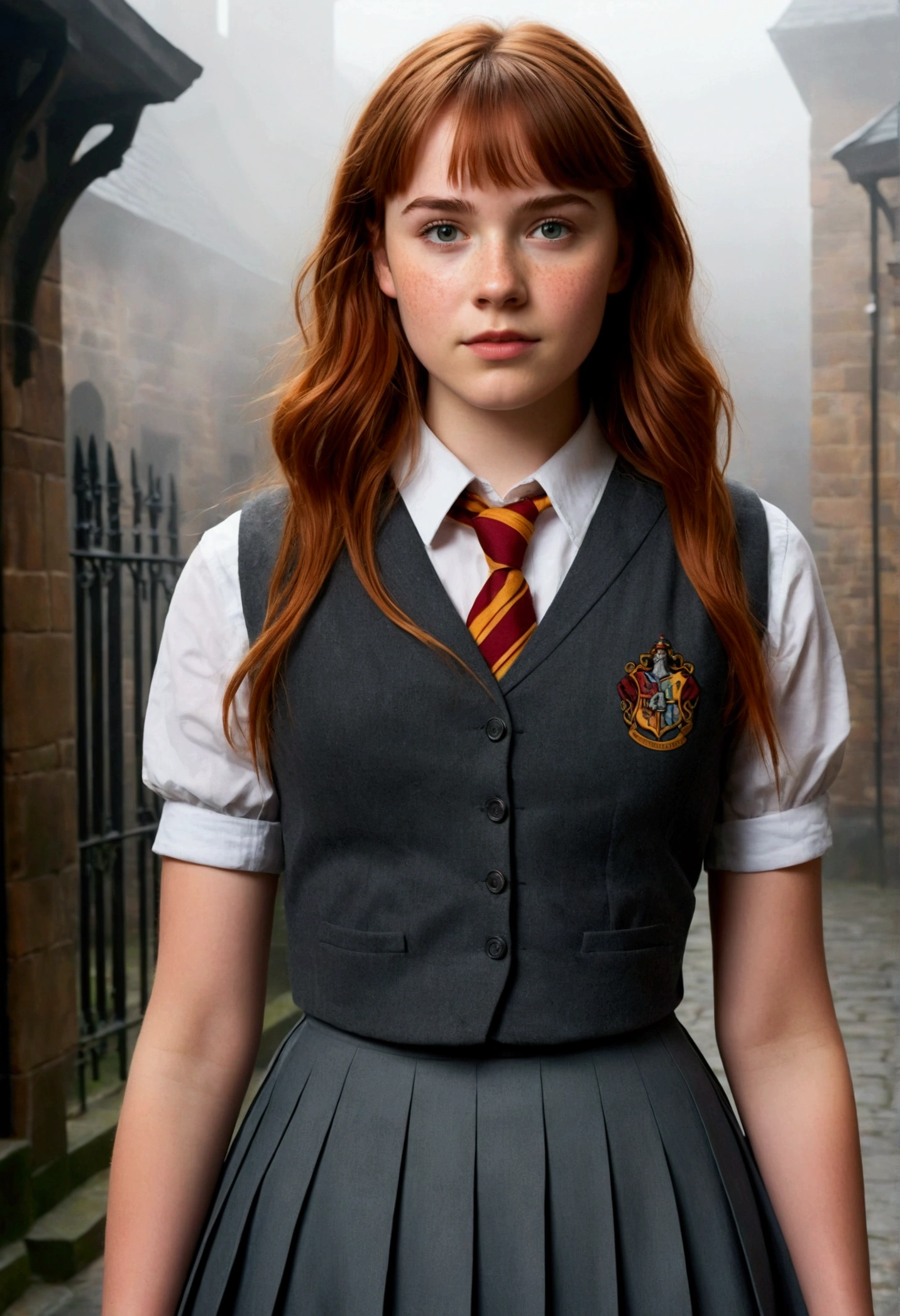 An illustrated movie poster, hand-drawn, full color, a teenage Hogwarts student, 18-years-old, female, wearing a charcoal vest and a pleated skirt, athletic hourglass figure, busty bosoms, full wide hips, massive round butt, long shapely legs, ridiculously thick powerful thighs, vibrant eyes, red auburn hair, thick shaggy bangs, flushed sun-kissed complexion, freckles, resembles Willa Fitzgerald, standing in a foggy Hogwarts courtyard, surrounded by mist, graphite shading, stencil marks, airbrushed acrylic paint, masterpiece