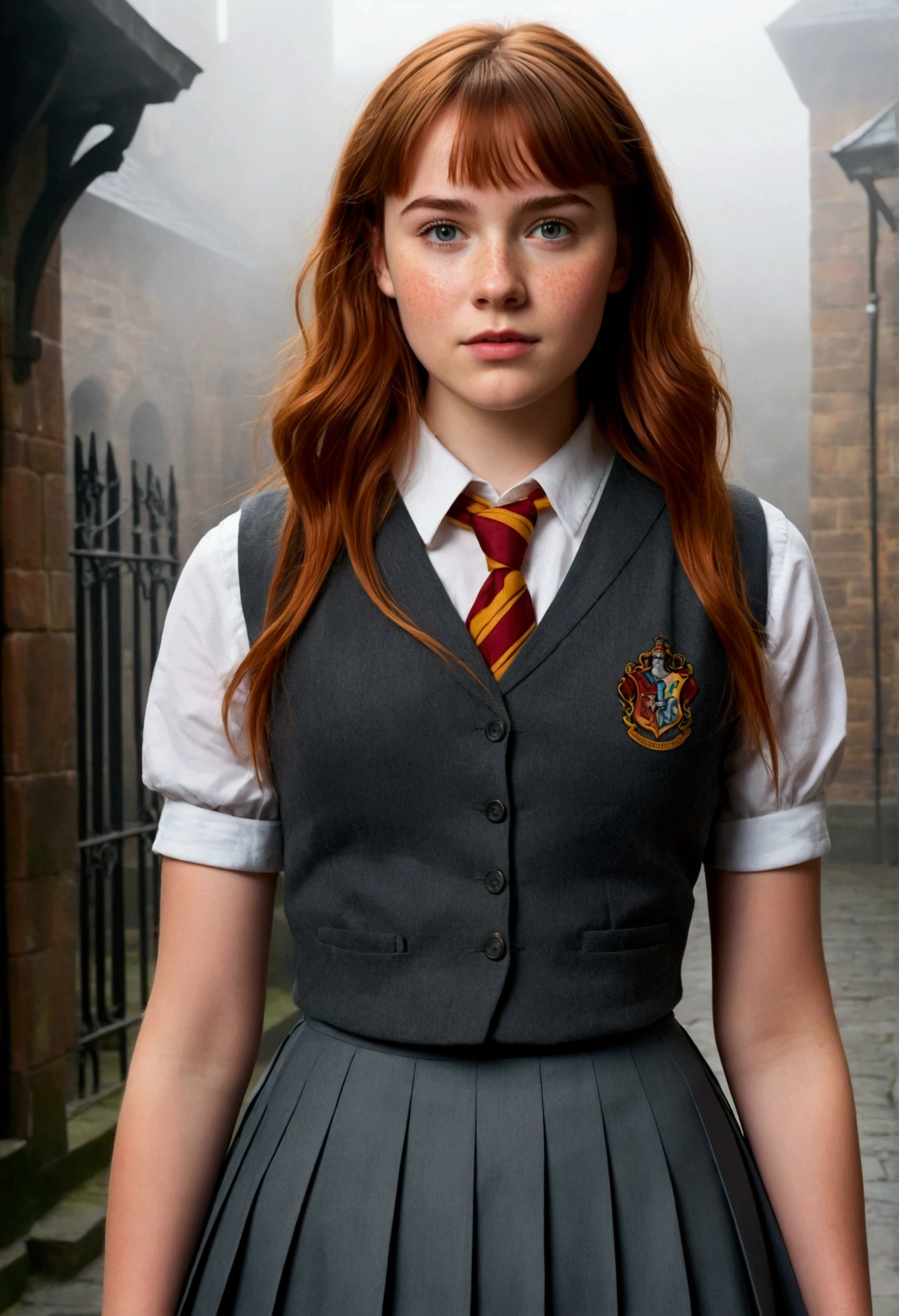 An illustrated movie poster, hand-drawn, full color, a age Hogwarts student, 18-years-old, female, wearing a charcoal vest and a pleated skirt, athletic hourglass figure, busty bosoms, full wide hips, massive round butt, long shapely legs, ridiculously thick powerful thighs, vibrant eyes, red auburn hair, thick shaggy bangs, flushed sun-kissed complexion, freckles, resembles Willa Fitzgerald, standing in a foggy Hogwarts courtyard, surrounded by mist, graphite shading, stencil marks, airbrushed acrylic paint, masterpiece