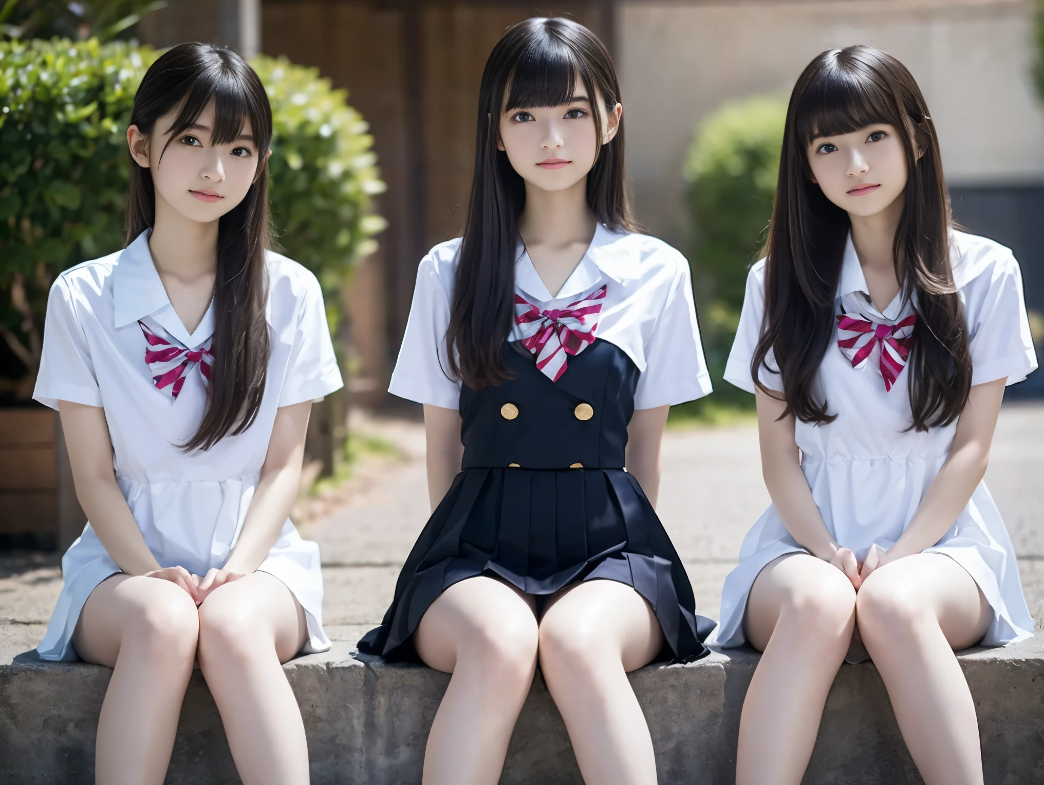 High resolution、High resolution、In 8K、RAW Photos、Highest quality、masterpiece、Two people、18-year-old girl, (Flat chest like:1.2), ((Skinny body:1.2)),  Wavy Hair,, Anatomically correct、bangs、Waist、thigh、Japanese high school uniform、Sit with your legs apart