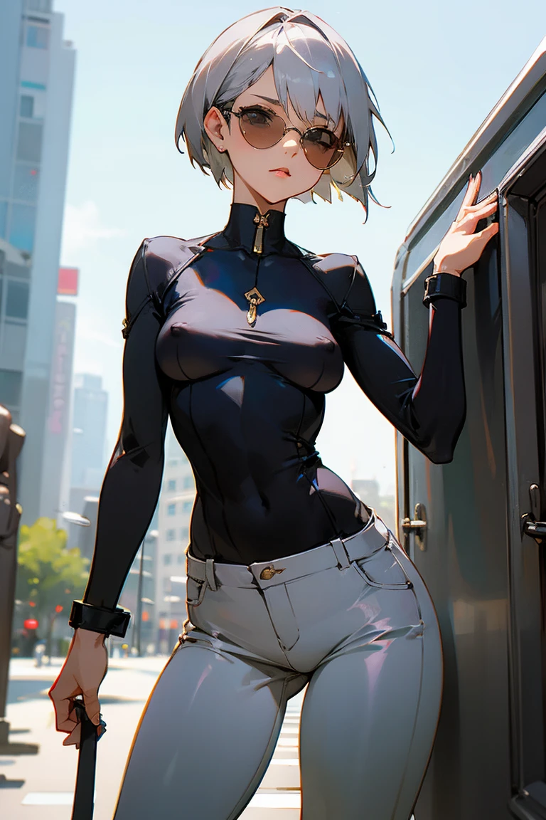 woman, Gray Hair, short hair, Small breasts,Erect nipples, Tight pants, Wear sunglasses.