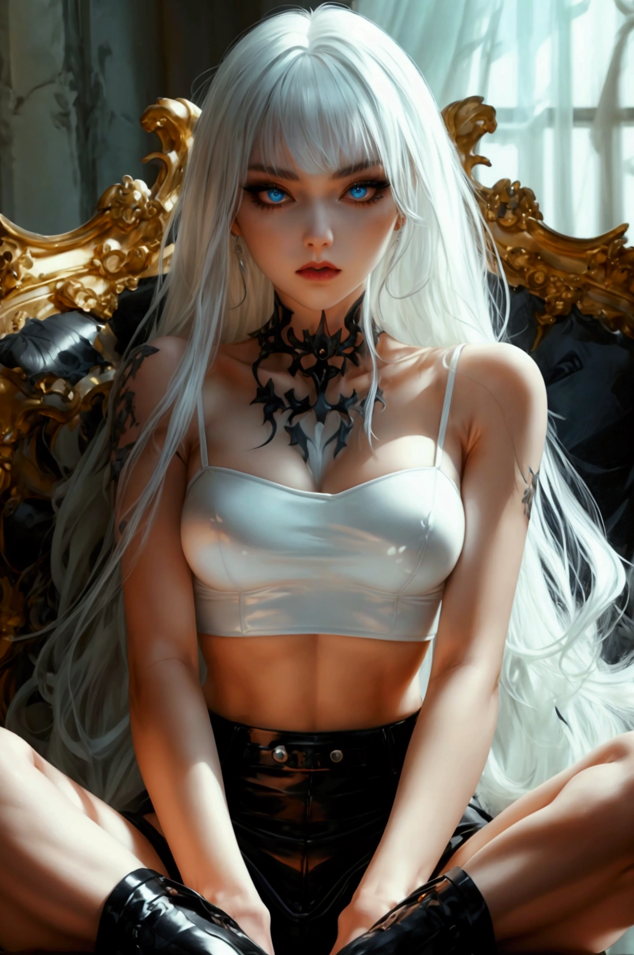 A (((full-body))) fantasy art illustration of an ethereally beautiful 18-year-old girl. She has doll-like caucasian features and ((very pale porcelain skin)). Her large eyes are a striking blue, and she is wearing ((heavy black eye makeup)). She has a very slim body with long thin legs and large round breasts. She is wearing a tight white crop top, an extremely short black miniskirt, and black boots. She is sitting in a provocative pose that shows off her legs, and her (((whole body from head to toe))) is shown. Masterpiece, best quality, highly detailed, 4k.