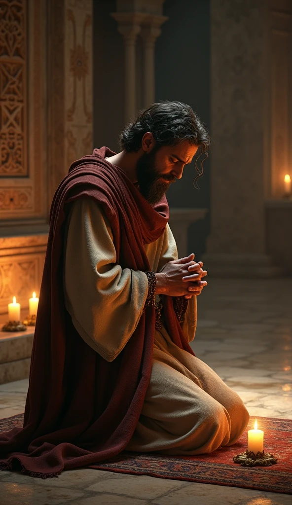 Ultra-realistic 8k Image, an image of King David kneeling in repentance seeking God's forgiveness..