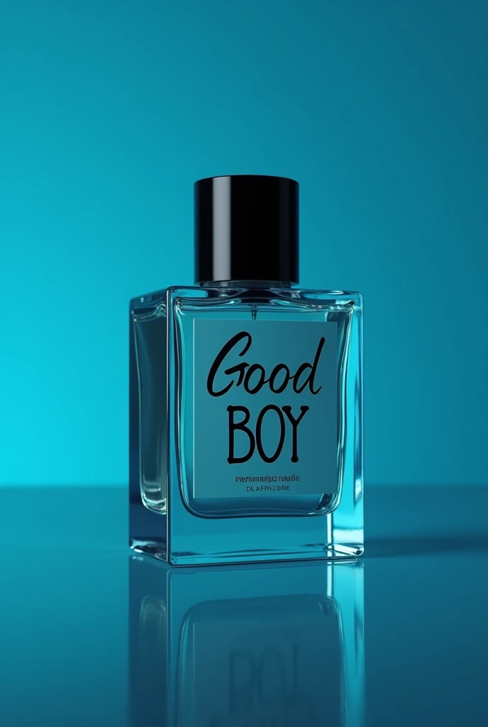 Create packaging for a perfume called Good Boy, cerulean