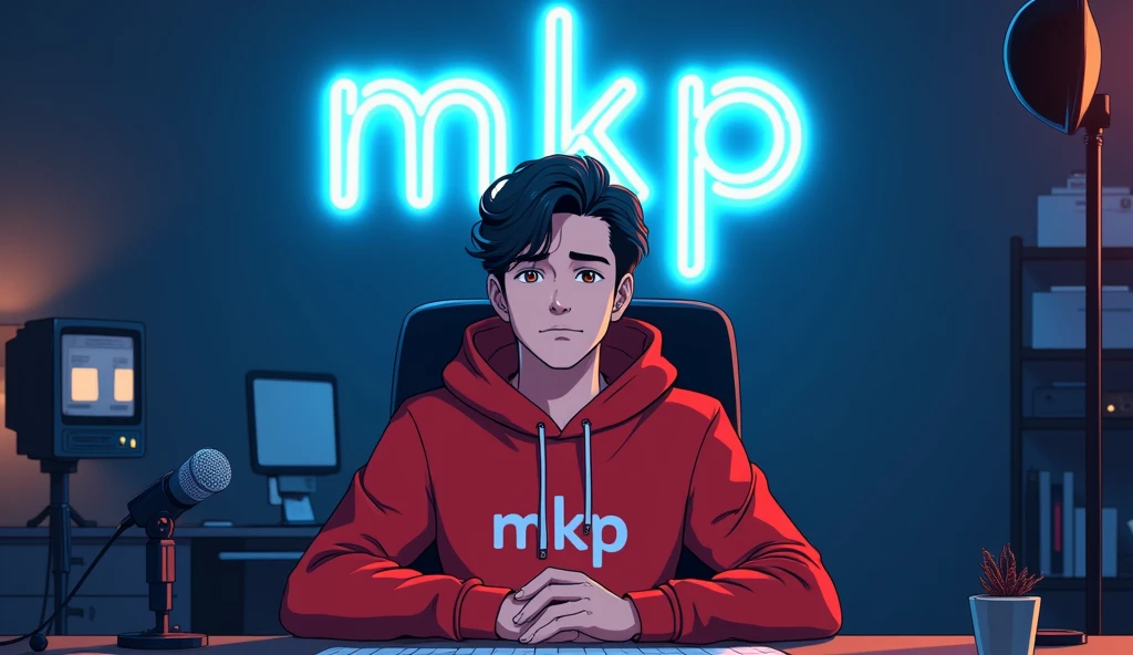 Create an anime-friendly looking
male business character who appears
handsome and smart. He has a good face
and is wearing a red hoodie with a channel name "MKP" on it.
hoodie. The character is sitting behind his
laptop in his office, with his arms on the desk.
It is night, and the room features volumetric
neon lighting. The character is front-facing to
the camera, looking straight and centered. This
is a central portrait with an audio microphone
on the desk near his mouth. The character's
face should occupy about 1/3 of the image size.
He is sitting straight, front view, and centered,
looking straight ahead. The overall ambiance
of the image should convey a connection to
minimalism, with flat illustration, bold lines,
simplification, and a gouache illustration style.
The image should be in 8K resolution.
The background features the wall surrounded
by various recording equipments . Ensure the studio has
a,odern youtube aesthetic with professional
lighting to make the avatar stand out. Add
a blue neon light design font spelling out "MKP" on the wall. The overall scene
should dynamics and visually appealing
perfect for ai talking