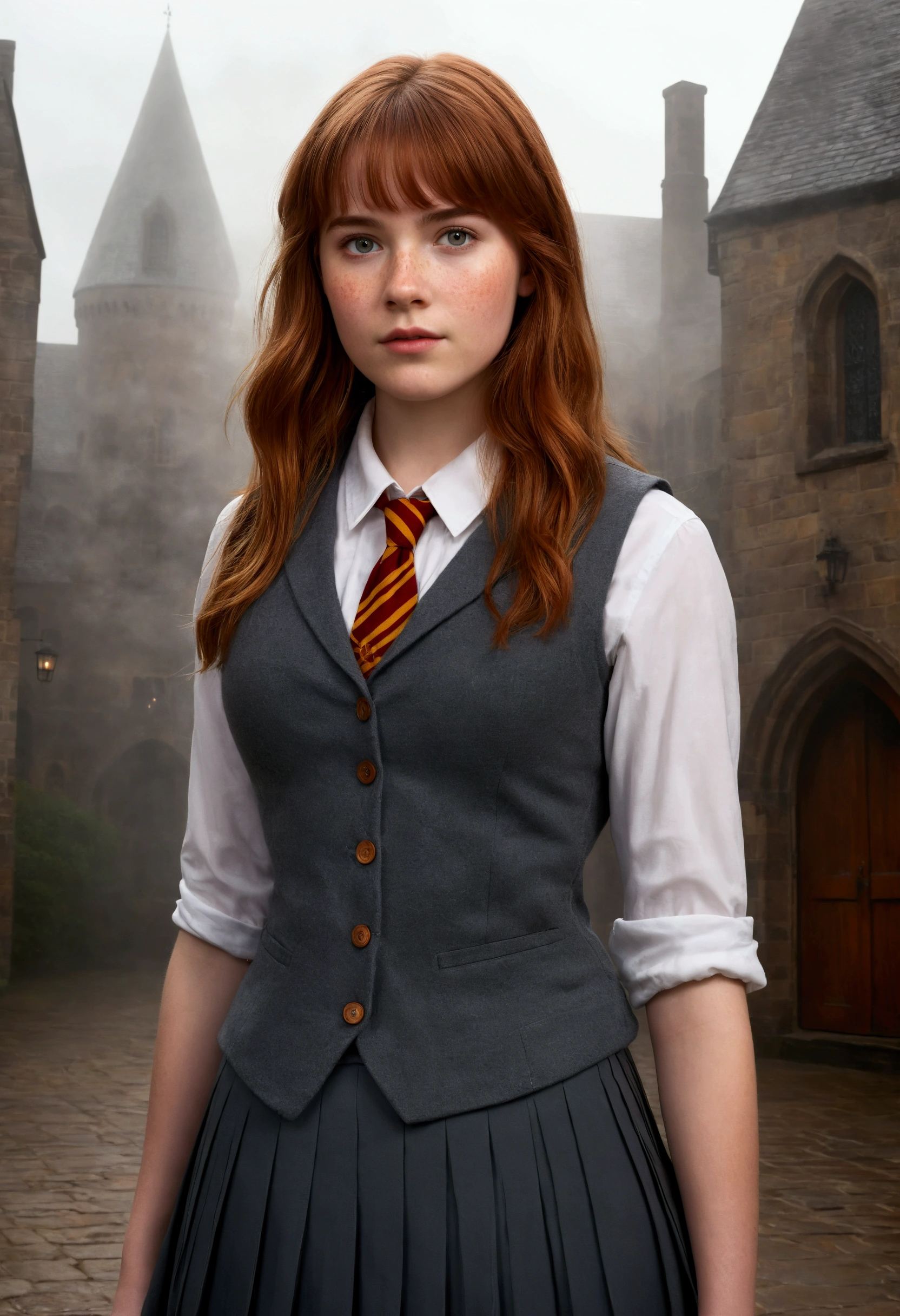 An illustrated movie poster, hand-drawn, full color, a teenage Hogwarts student, 18-years-old, female, wearing a charcoal vest and a pleated skirt, athletic hourglass figure, busty bosoms, full wide hips, massive round butt, long shapely legs, ridiculously thick powerful thighs, vibrant eyes, red auburn hair, thick shaggy bangs, flushed sun-kissed complexion, freckles, resembles Willa Fitzgerald, standing in a foggy Hogwarts courtyard, surrounded by mist, graphite shading, stencil marks, airbrushed acrylic paint, masterpiece
