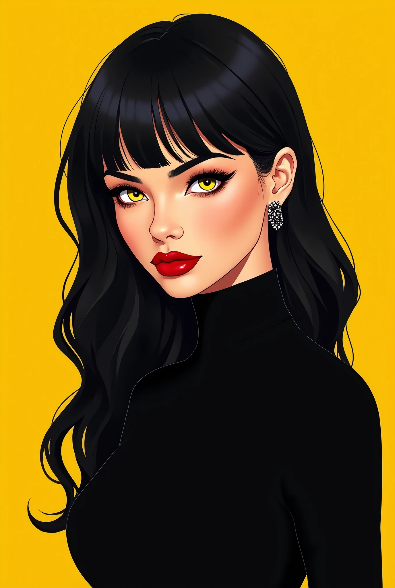 beautiful woman with long black hair and yellow eyes, red lipstick, vector illustration, flat design, black turtleneck, cartoon style, yellow background, closeup portrait, stylish outfit, fashion concept art