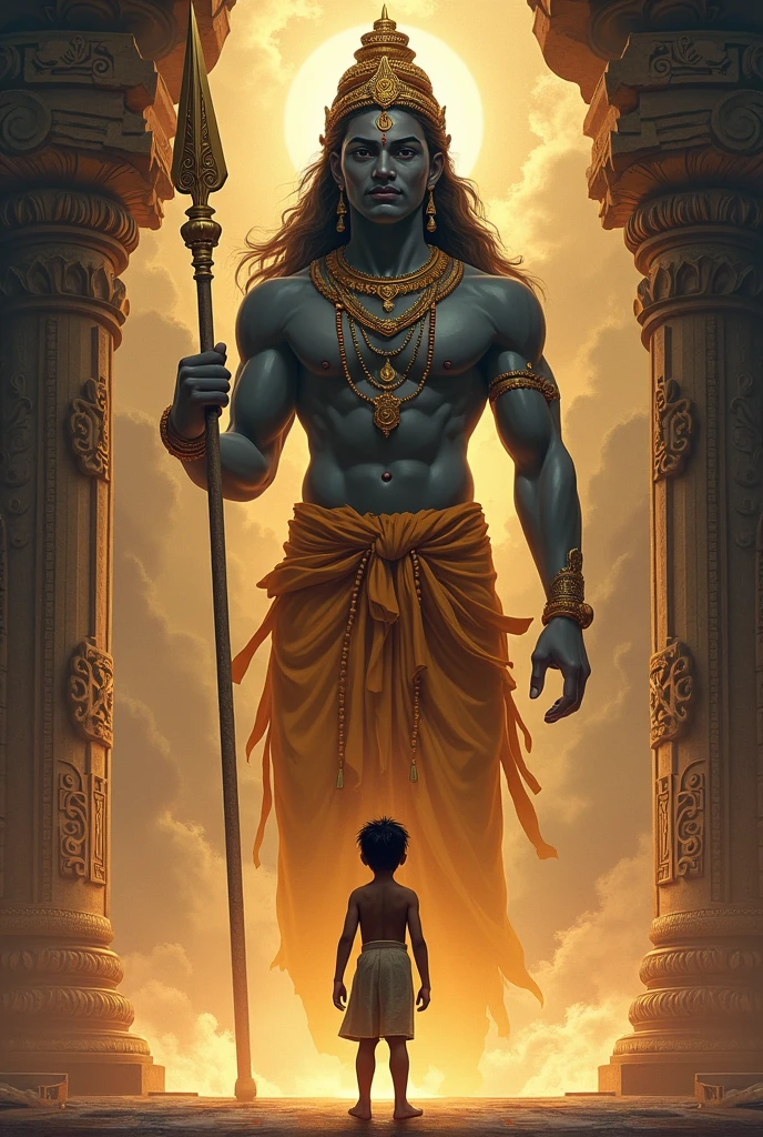 Boy standing backside infront of
tamil god murugar vel weapon