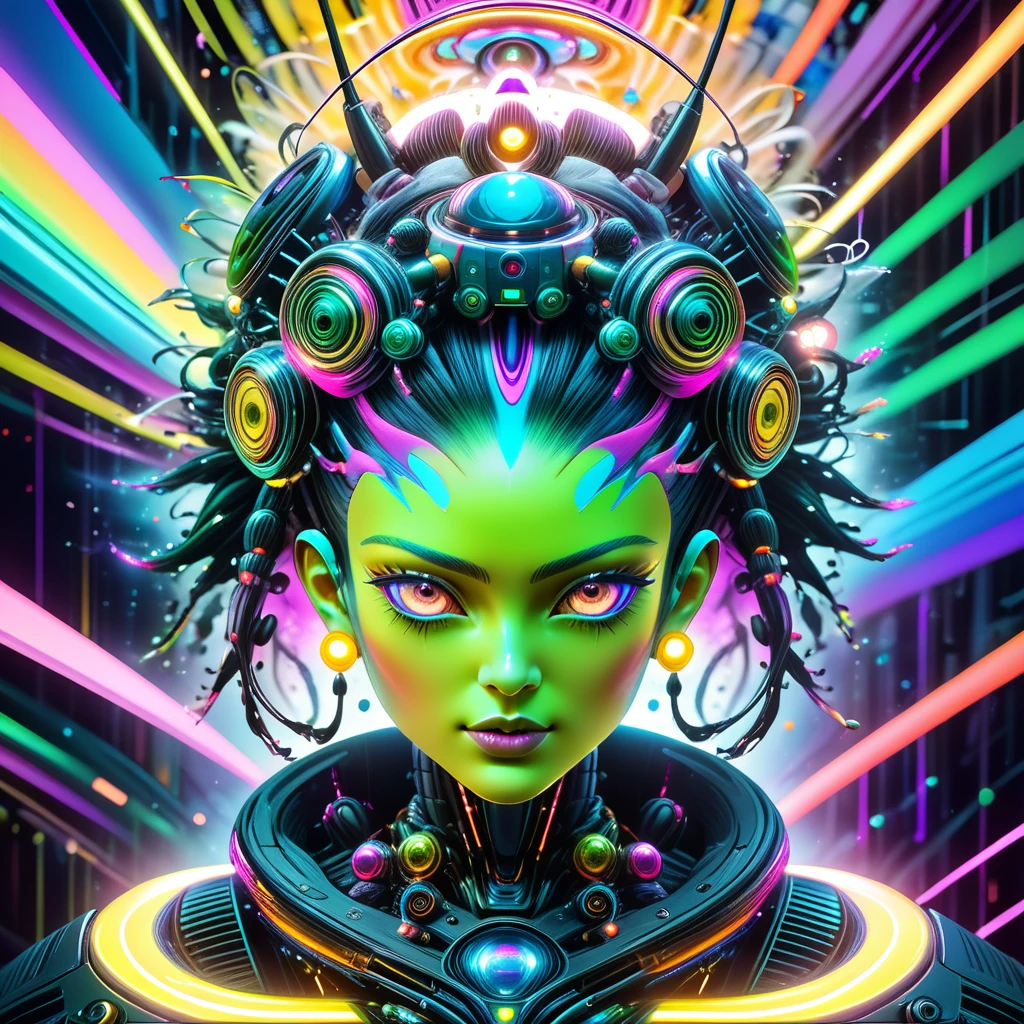 Memes, Surreal, Digital Art, EEG, Information flow, Cultural transmission, Potential awareness, abstract pattern, psychedelic, Neon color, Glitch Art, cyber punk, Cinema Lighting, Super detailed, 8k, Realistic, Volumetric, Ray Tracing, Studio Lighting, Vibrant colors, psychedelic elements, Viral content, Social Media, Cultural phenomenon