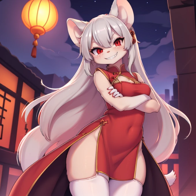 Arms crossed and chest lifted,Tall Woman,(White mouse ears,White wavy long hair,Red Eye,Grin),Full body low angle shot,Coccyx to Rat Tail,(Red Chinese-style gown showing legs,black tights),Clear afternoon sky,In the city,Many photographers around