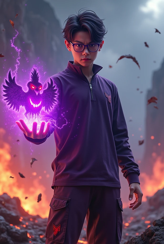 a man real age 14 ynese man.(purple glasses) sharp eyes. Anger face. Open mouth. . wearing an (dark purple ) future shirt . anger face.wavy hairstyle purple. Dramatic.. stand on lava ,(dark purple)cargo pant,, detailed face, cinematic lighting, dramatic atmosphere,.hot day. vibrant colors, 8k, high quality, photorealistic. Hero suit.shadow power dark power from his hand. Glowing magic element shadow elment from hand, ember everywhere . Glowing dark purple, shadow logo design on pant . Very strong. Future design dress. Very epic. Very hot background.. dark sky. Very strong . fire very strong . Flying burn dry leave everywhere..Shadow Imitation sharp shape power from hand .rasengan . at volcano Damage building. Floating small rock everywhere. Shadow Imitation Technique.(( shadow eagle background red eyes))