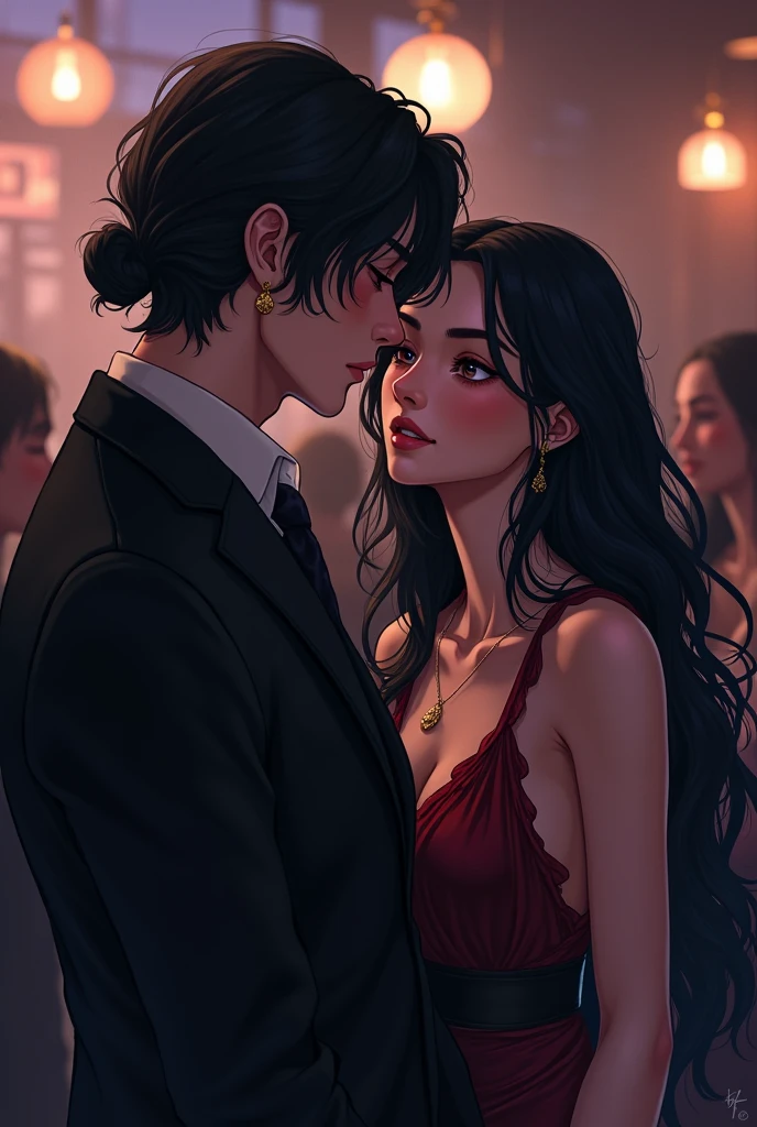 mia a girl beautiful with black hair and a guy named Loki with black hair he is unattractive both in a bar with few friends anime image