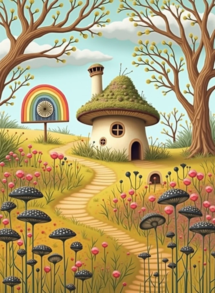 Cute mushroom shaped house,There are all kinds of black flowers around,Candy colored sky,There is a big rainbow anti-war sign in the background,Vintage painting style