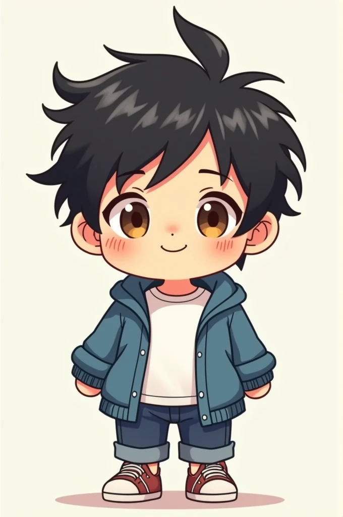 Draw a chibi boy with black hair and brown eyes wearing a white t-shirt and a blue jacket