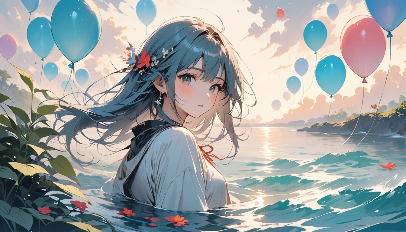 「Please draw a fantastical Ghibli-style landscape that matches Lofi music.。All the same color balloons floating in the water、Rocking on gentle waves。The colors are soft pastels、Dreamlike aquatic plants are floating around。The faint light shining through the water、Create a tranquil atmosphere、The whole piece gives the viewer a comfortable, relaxing feeling that makes them feel sleepy.、Please express a calm and fantastical scene.。」
