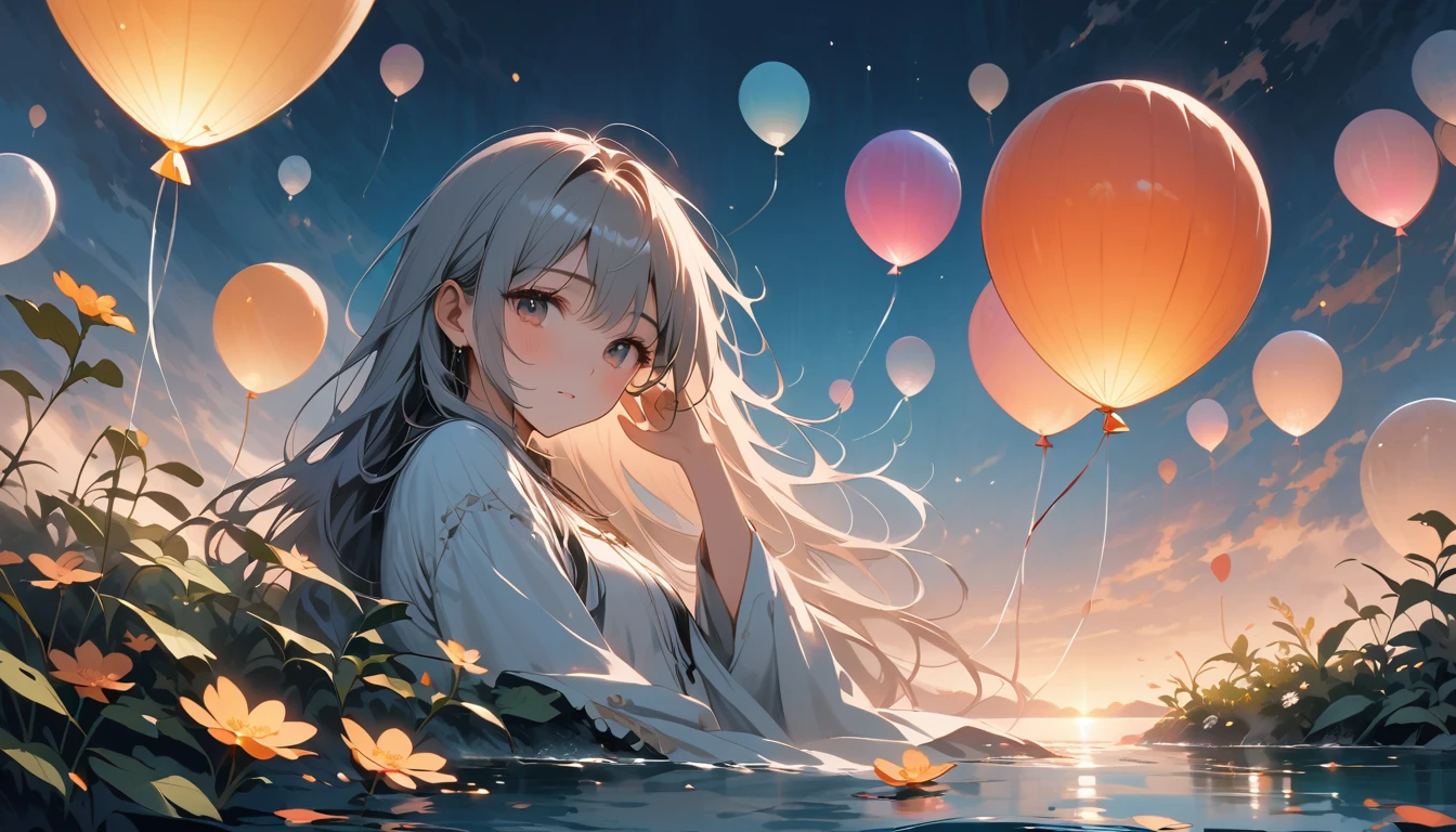 「Please draw a fantastical Ghibli-style landscape that matches Lofi music.。All the same color balloons floating in the water、Rocking on gentle waves。The colors are soft pastels、Dreamlike aquatic plants are floating around。The faint light shining through the water、Create a tranquil atmosphere、The whole piece gives the viewer a comfortable, relaxing feeling that makes them feel sleepy.、Please express a calm and fantastical scene.。」