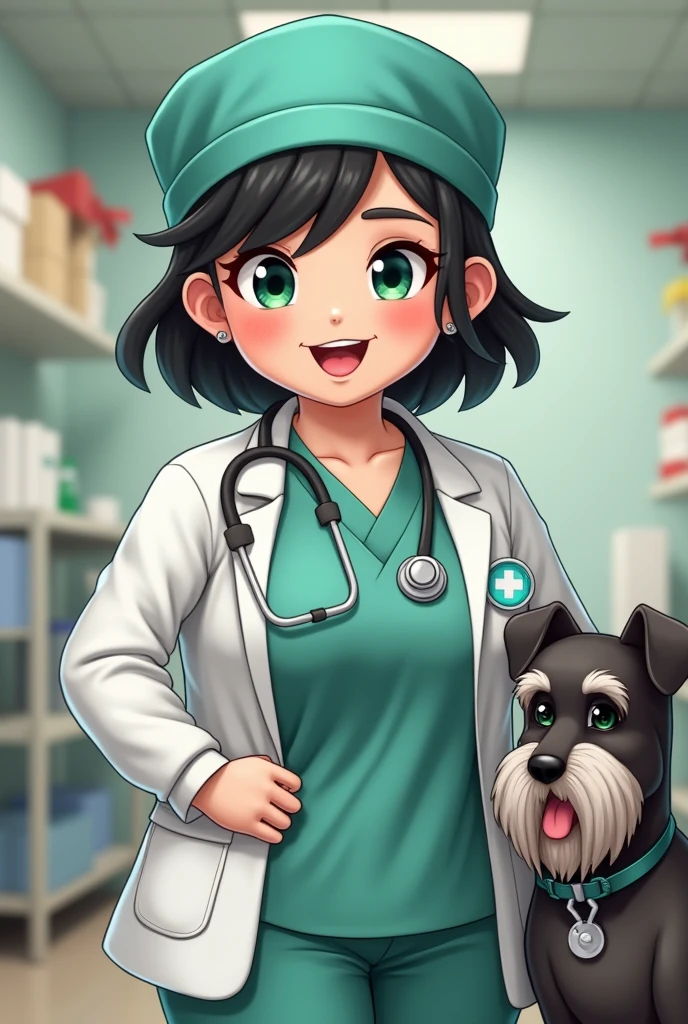  Surgical cap company " element that should go in the image" which is called titta store"WORDS THAT HAVE TO GO IN THE IMAGE "which has as avatar a chubby woman with green eyes , doctor and black hair and as a pet a schnauzer dog named nala