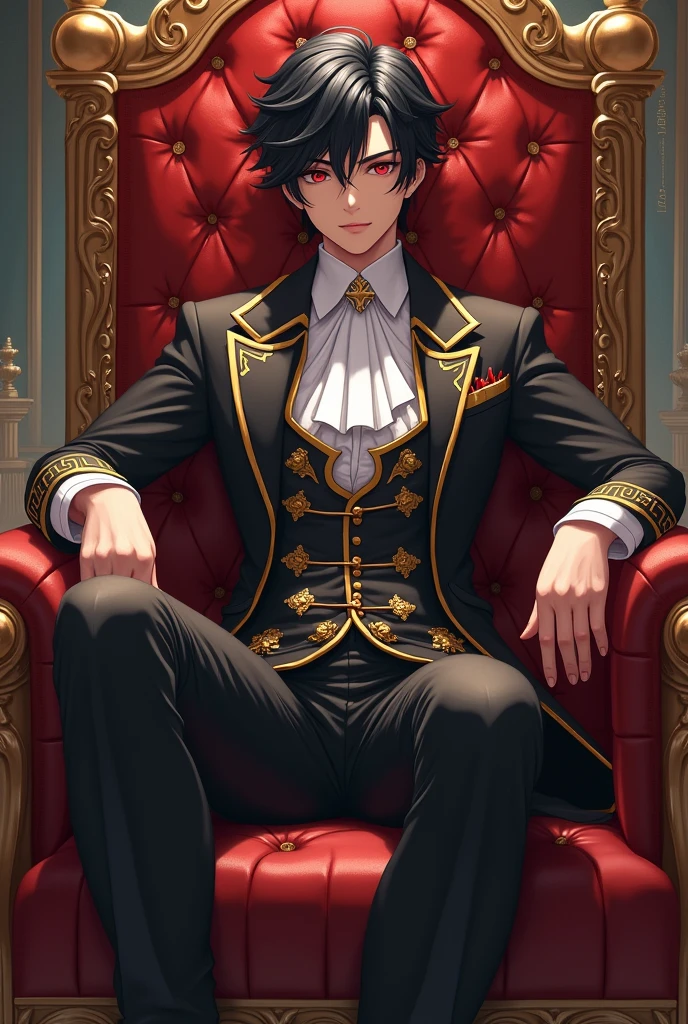 A fifteen years old boy with black hair and red eyes wearing noble and lucious clothes. Casually sitting on the throne.