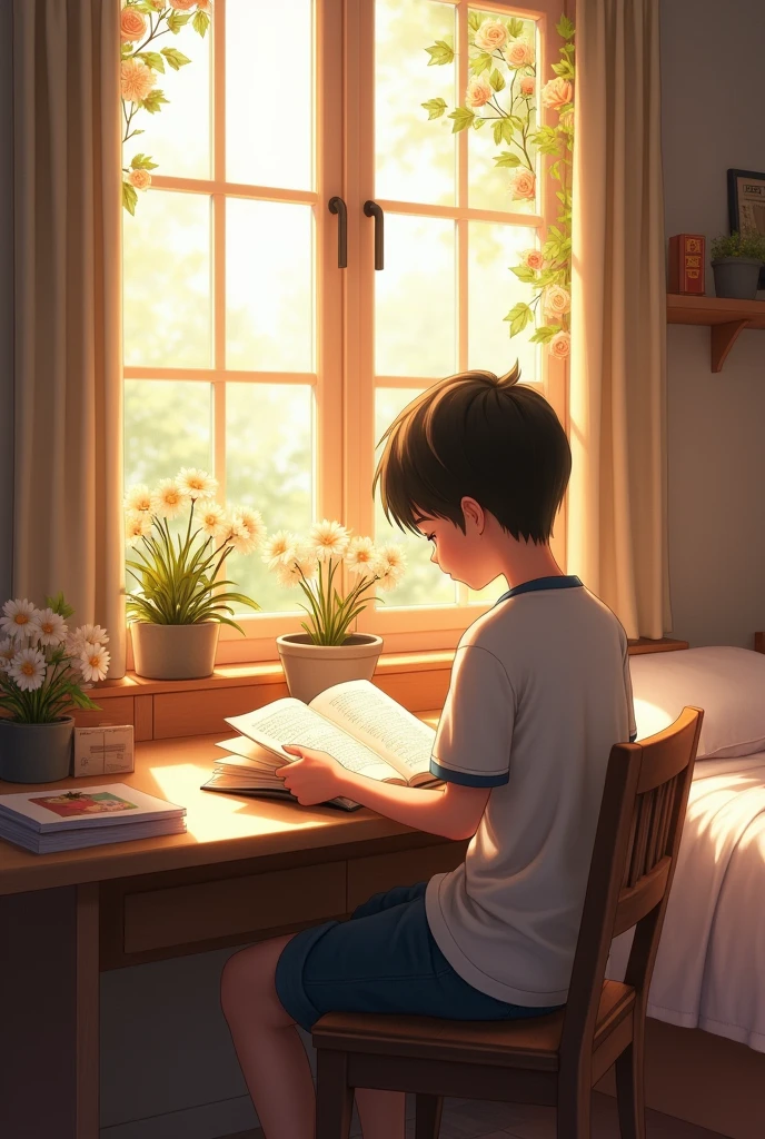 A boy reading book on his study table in beautiful small room,window with morning sun and flowers,A single bed. 