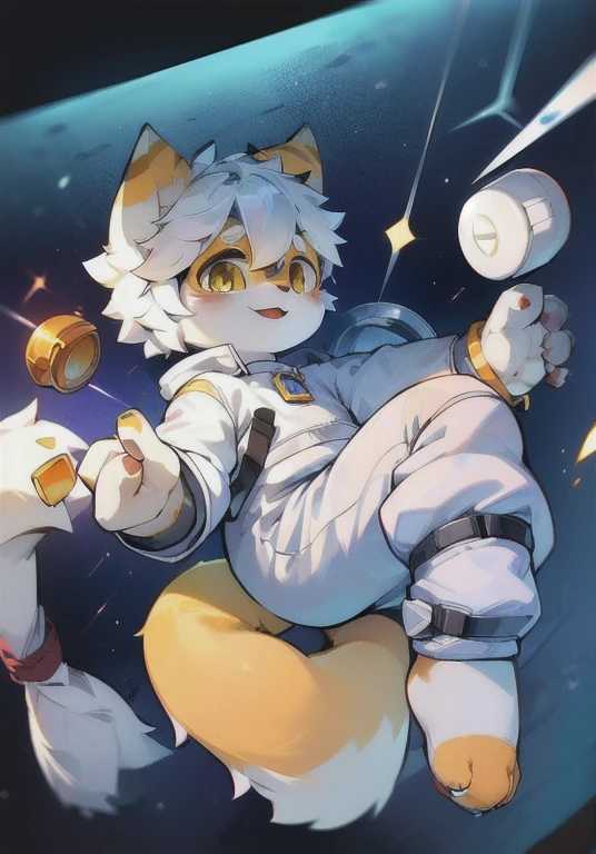 ,A white male cat,Orange fur,White fur,Silver hair,Golden Eyes,Big furry tail,Furry ears,Meat pad,happy,cute,Q version,clothed in space suit,In the universe,Strange environment,In space