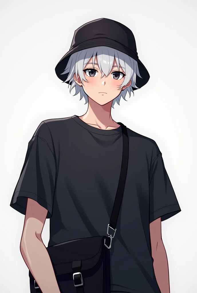 Male, 2d, anime, white hair, black shirt, black eyes, black crossbody bag, idol, black bucket hat, gaming, streamer