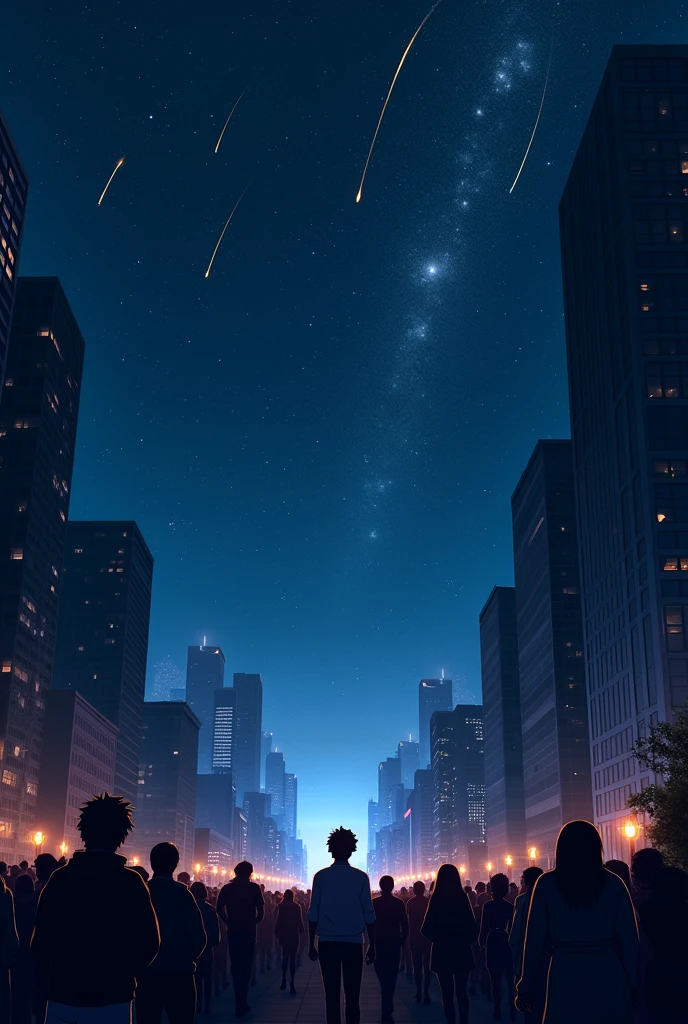 Night Sky、Star of the sky、shooting star、skyscraper、Night Skyを見上げる人波