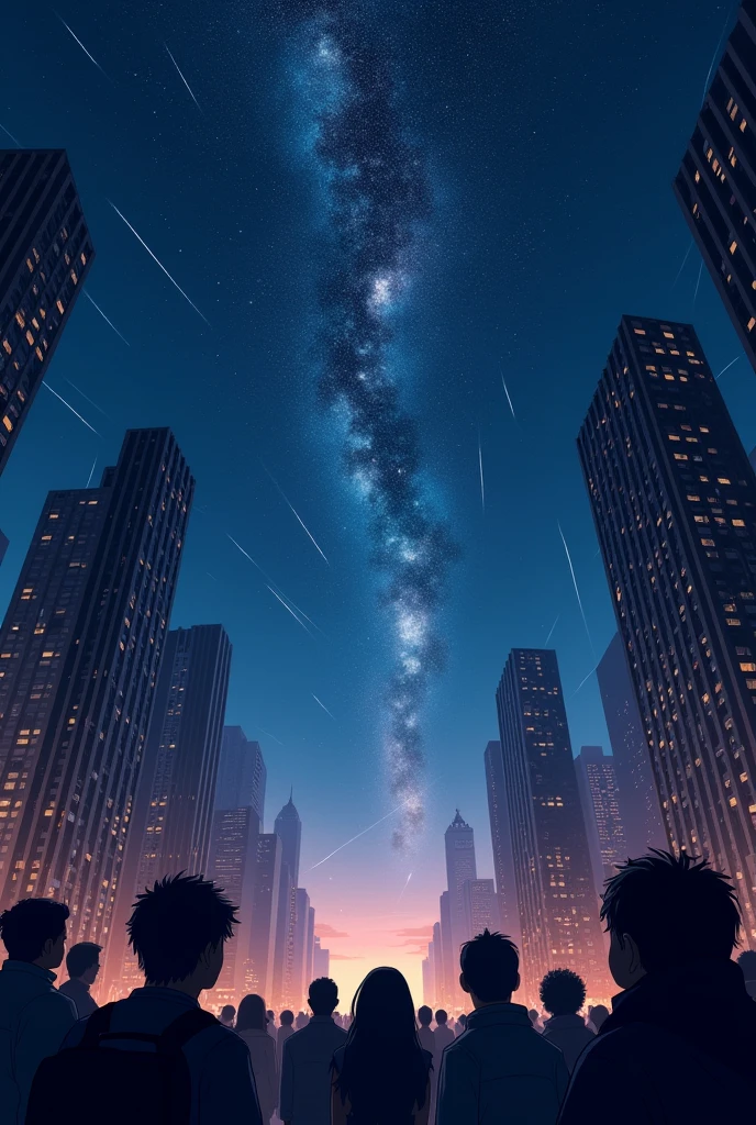 Night Sky、Star of the sky、shooting star、skyscraper、Night Skyを見上げる人波