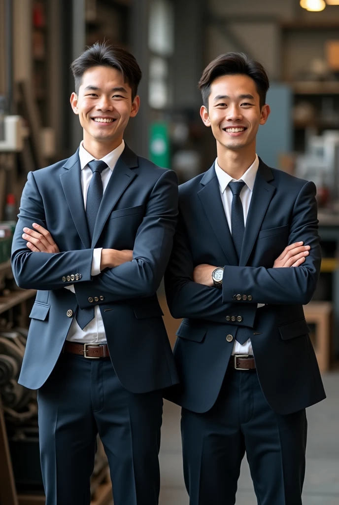 two people with arms crossed who are young men in suits looking ahead while smiling
with a mechanical workshop in the background.