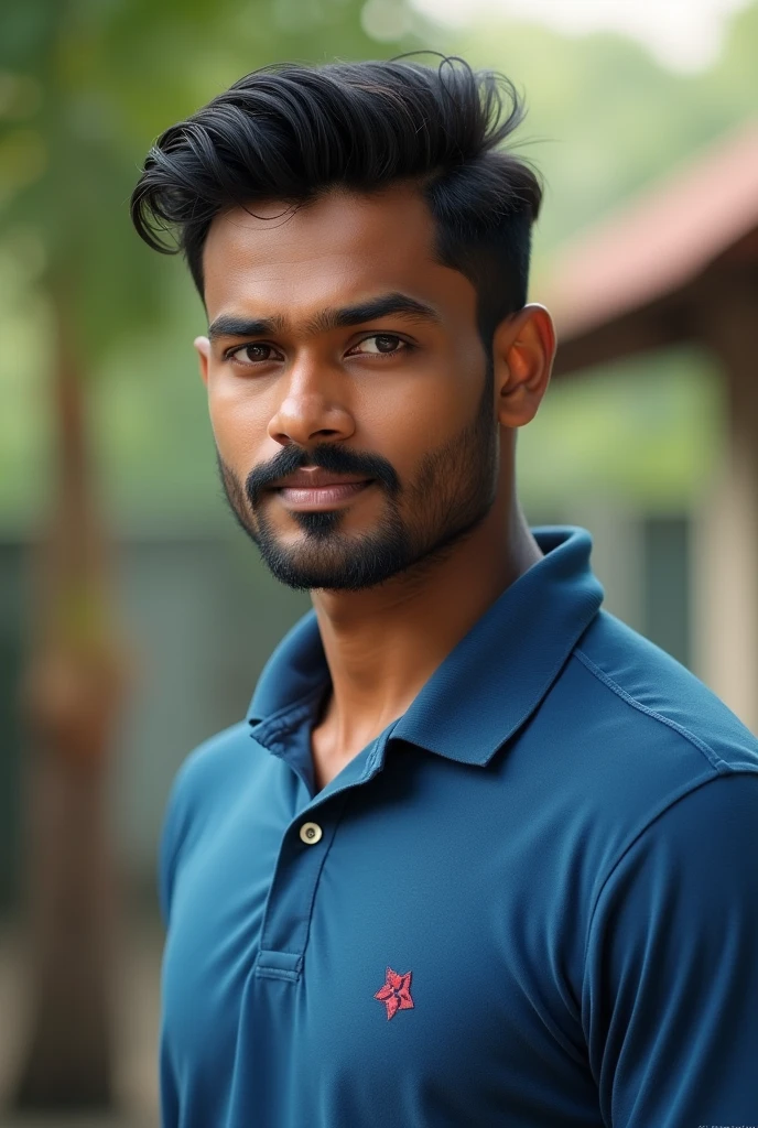 best quality, face focus, soft light, ultra high res, (photorealistic:1.4), RAW photo, 40 yr old tamil youth solo, cute, (pupil, lights in the eyes), detailed face with moustache, broad shoulders (high resolution detail of human skin texture), (very short hair fully combed back), outdoor, standing with one hand on hips, blue colour Polo Shirt , hair neatly combed backwards view up to chest,