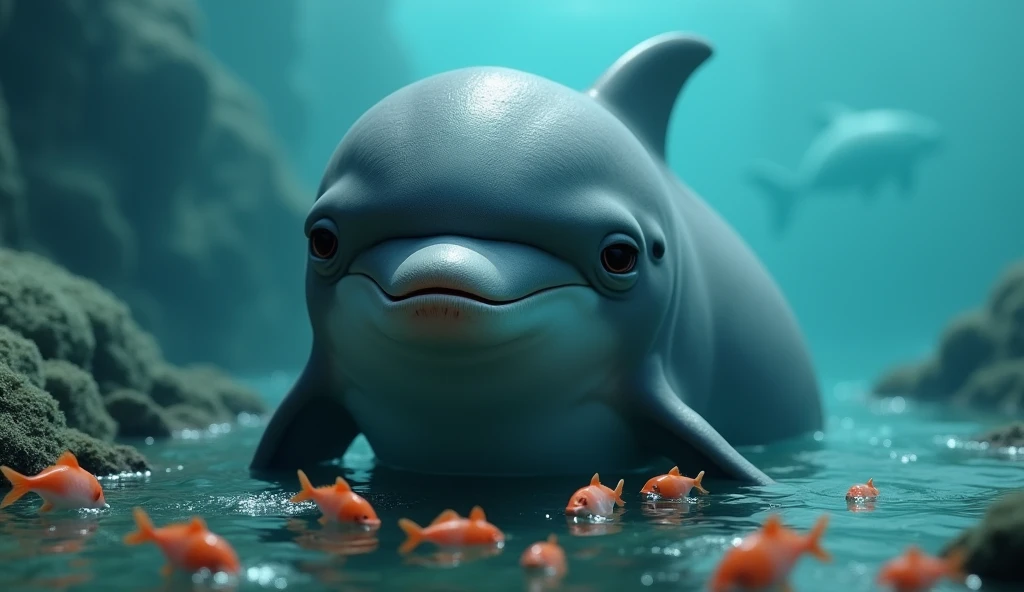 Dolphins don't eat fish for food、The dolphin has a troubled look on its face.、Photorealistic、high resolution、