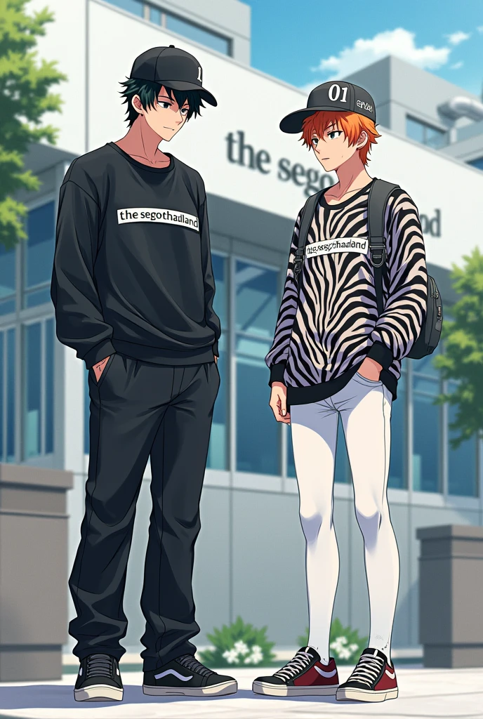 1 Japanese man,Age 20,black hair,Black long-sleeved shirt with the words &quot;The Sego Thailland&quot; written on it.,black pants,black shoes,The hat says S01.,1. Selling in Japan,Age 20,orange hair,Zebra-colored long-sleeved shirt with the words Cyber The Sego Thailland written on it. ,white tight transparent pants,canvas shoes,The hat says S15.,behind,The school building is white and says The Sego Thailland. 