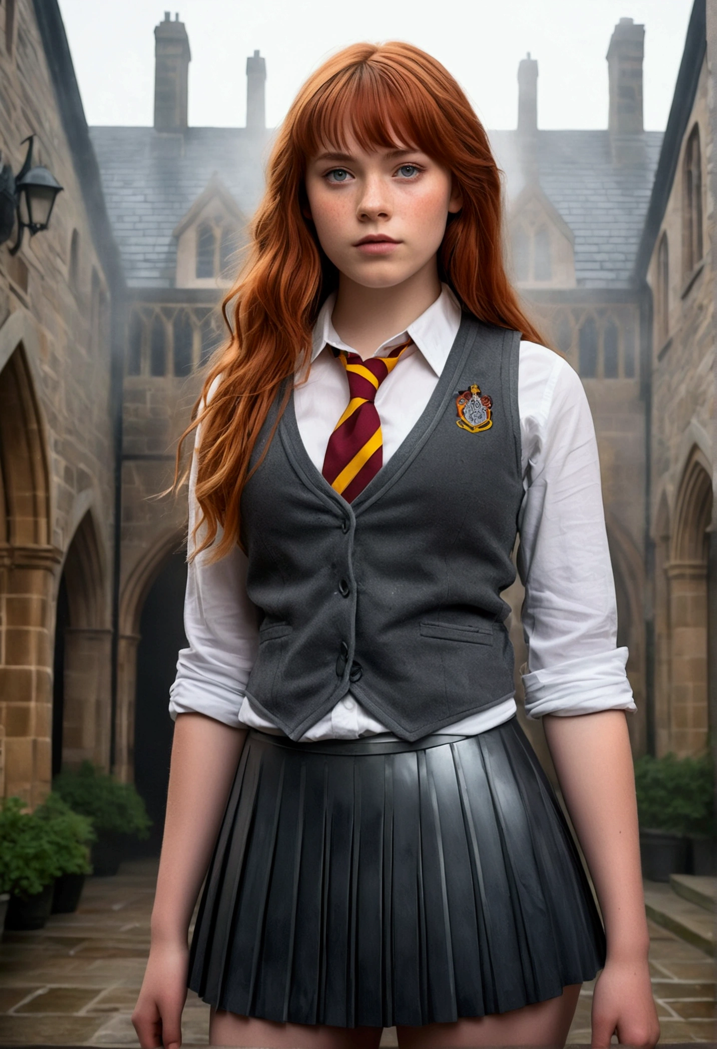 An illustrated movie poster, hand-drawn, full color, a age Hogwarts student, 18-years-old, female, wearing a charcoal vest and a pleated skirt, athletic hourglass figure, busty bosoms, full wide hips, massive round butt, long shapely legs, ridiculously thick powerful thighs, vibrant eyes, red auburn hair, thick shaggy bangs, flushed sun-kissed complexion, freckles, resembles Freya Allen, standing in a foggy Hogwarts courtyard, surrounded by mist, graphite shading, stencil marks, airbrushed acrylic paint, masterpiece